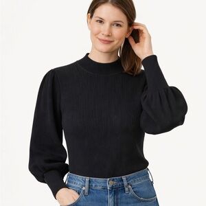Banana Republic Black Ribbed Puff Sleeve Mock Neck Sz Medium